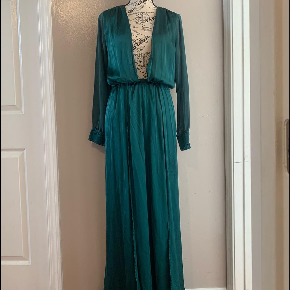 Satin long sleeve deep V classy dress